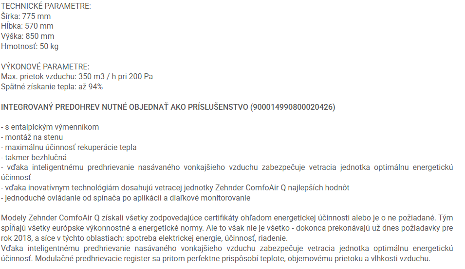 ZEHNDER COMFOAIR Q350 TR vetracia jednotka 350m3/h, nástenná, s entalpickým výmenníkom