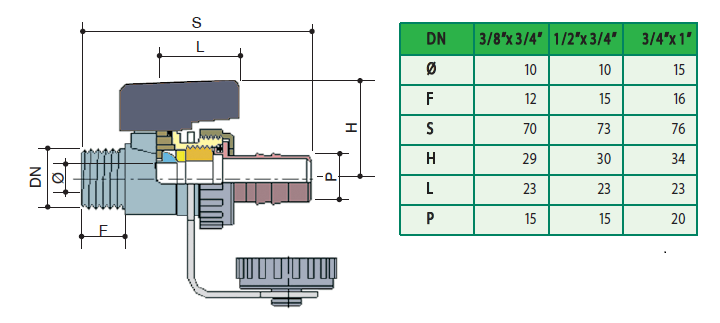 Guľový ventil VODA vypúštací 1/2" MF motýľ